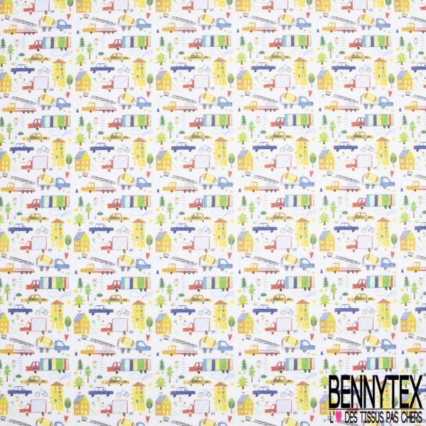 Toile Lorraine 100% coton Impression Motif maison et camion effet dessin Fond blanc