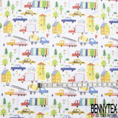 Toile Lorraine 100% coton Impression Motif maison et camion effet dessin Fond blanc