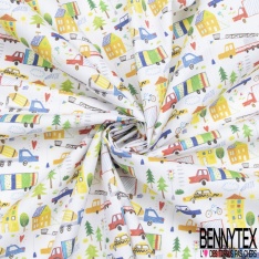 Toile Lorraine 100% coton Impression Motif maison et camion effet dessin Fond blanc