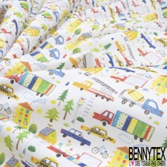 Toile Lorraine 100% coton Impression Motif maison et camion effet dessin Fond blanc