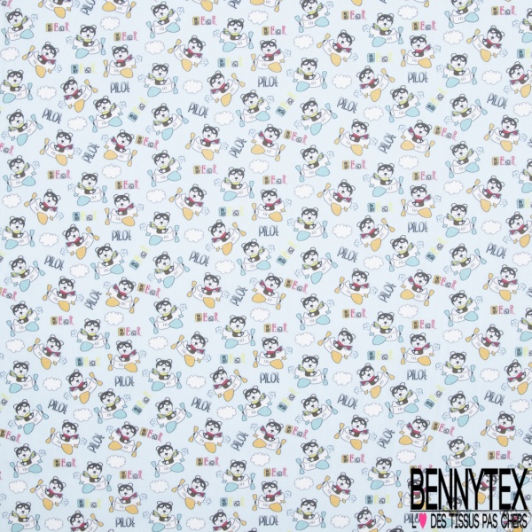 Toile Lorraine 100% coton Impression Motif chien dans un avion Fond bleu ciel