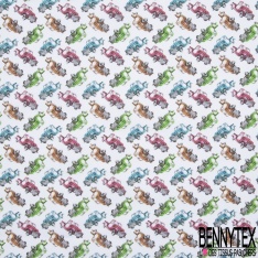 Toile Lorraine 100% coton Impression Motif voiture multicolore Fond blanc