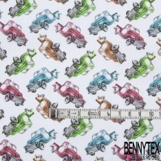 Toile Lorraine 100% coton Impression Motif voiture multicolore Fond blanc