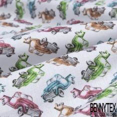 Toile Lorraine 100% coton Impression Motif voiture multicolore Fond blanc