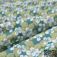 Toile Lorraine 100% coton Impression Motif fleur blanc et kaki Fond turquoise
