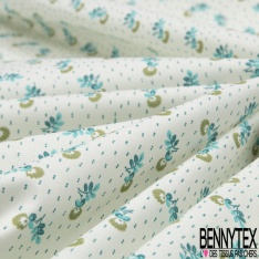 Toile Lorraine 100% coton Impression Motif petite fleur ton vert et turquoise Fond écru