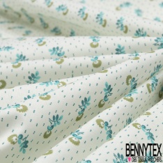 Toile Lorraine 100% coton Impression Motif petite fleur ton vert et turquoise Fond écru