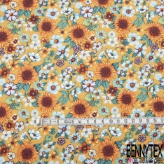 Toile Lorraine 100% coton Impression Motif fleur multicolore Fond moutarde