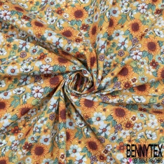 Toile Lorraine 100% coton Impression Motif fleur multicolore Fond moutarde