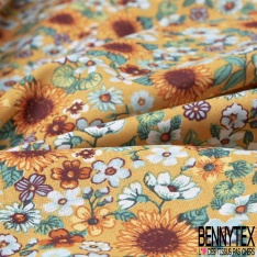 Toile Lorraine 100% coton Impression Motif fleur multicolore Fond moutarde