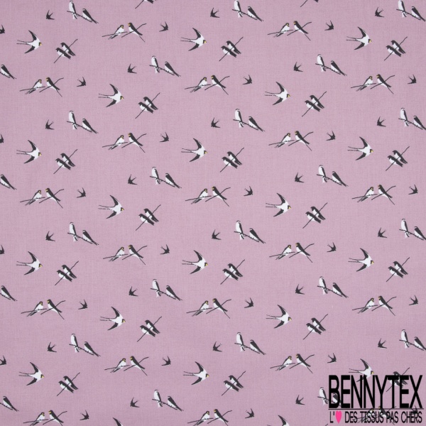 Toile Lorraine 100% coton Impression Motif oiseaux Fond lilas clair