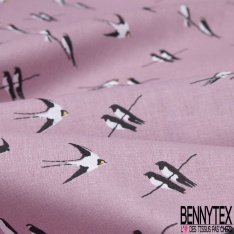 Toile Lorraine 100% coton Impression Motif oiseaux Fond lilas clair