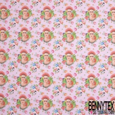 Coton imprimé Digital Thème Frida Kahlo Tête de Mort Calaveras Florale fond Candy