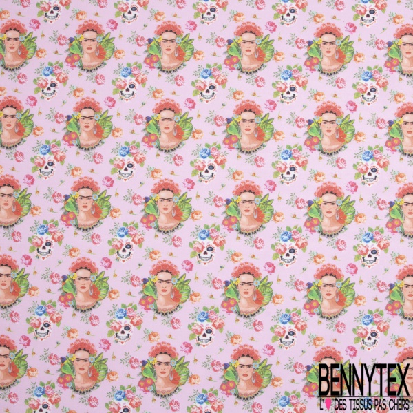 Coton imprimé Digital Thème Frida Kahlo Tête de Mort Calaveras Florale fond Candy