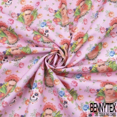 Coton imprimé Digital Thème Frida Kahlo Tête de Mort Calaveras Florale fond Candy