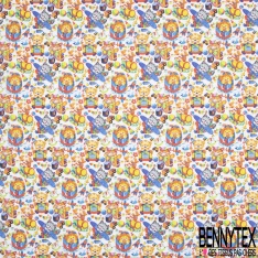 Coton imprimé Digital Thème Bébé Félin Rigolo et Jouet Multicolore fond Blanc Cassé