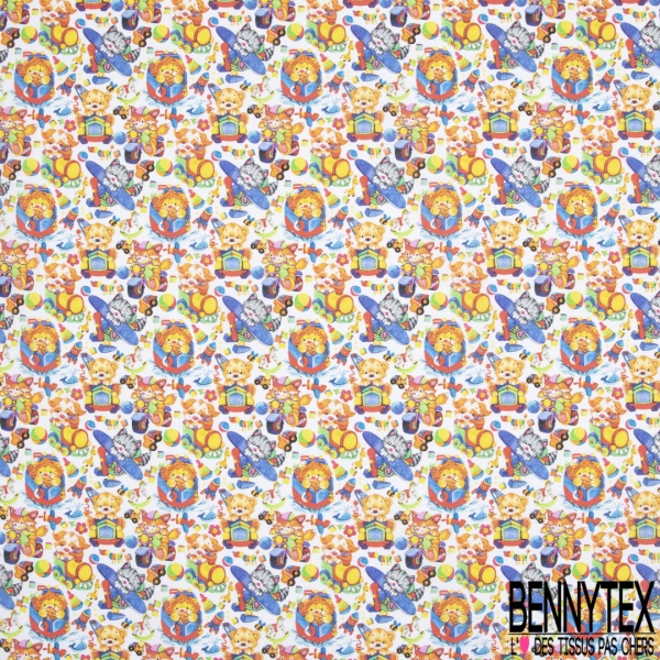 Coton imprimé Digital Thème Bébé Félin Rigolo et Jouet Multicolore fond Blanc Cassé