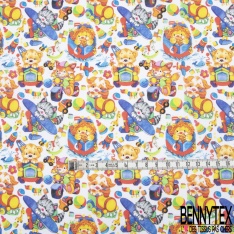 Coton imprimé Digital Thème Bébé Félin Rigolo et Jouet Multicolore fond Blanc Cassé