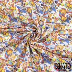 Coton imprimé Digital Thème Bébé Félin Rigolo et Jouet Multicolore fond Blanc Cassé