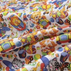 Coton imprimé Digital Thème Bébé Félin Rigolo et Jouet Multicolore fond Blanc Cassé