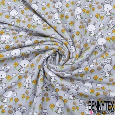 Jersey Coton Elasthanne Imprimé Petit Lapin Blanc et Papillon dans Champs de Fleurs fond Gris Pastel