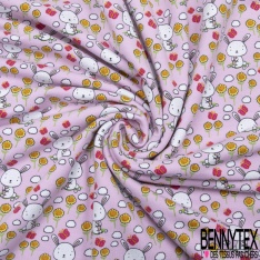 Jersey Coton Elasthanne Imprimé Petit Lapin Blanc et Papillon dans Champs de Fleurs fond Rose Pastel