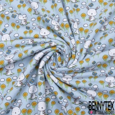 Jersey Coton Elasthanne Imprimé Petit Lapin Blanc et Papillon dans Champs de Fleurs fond Bleu Pastel