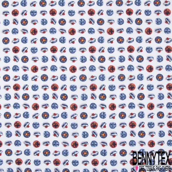 Coton imprimé Thème Bulle Marin Ancre Pompon Boussole Vague fond Blanc
