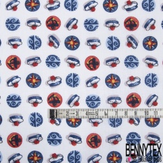 Coton imprimé Thème Bulle Marin Ancre Pompon Boussole Vague fond Blanc