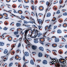 Coton imprimé Thème Bulle Marin Ancre Pompon Boussole Vague fond Blanc