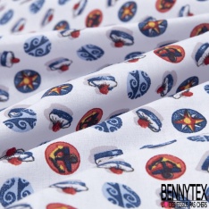 Coton imprimé Thème Bulle Marin Ancre Pompon Boussole Vague fond Blanc