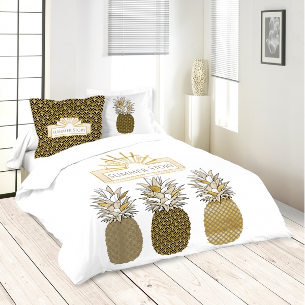 Parure Housse de Couette et 2 Taies Motif Ananas Tropicales fond Blanc Parure Housse de Couette et 2 Taies Motif Ananas Tropicales fond Blanc