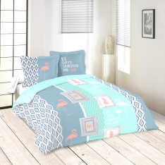 Parure Housse de Couette et 2 Taies Motif Flamand Rose Ananas Tropicales fond Fantaisie ton Bleu