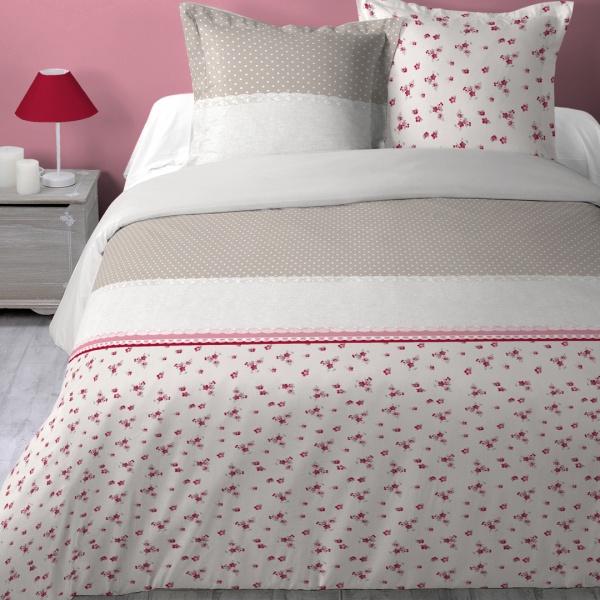 Parure Housse de Couette et 2 Taies Motif Pois Petite Fleur Shabby Parure Housse de Couette et 2 Taies Motif Pois Petite Fleur Shabby