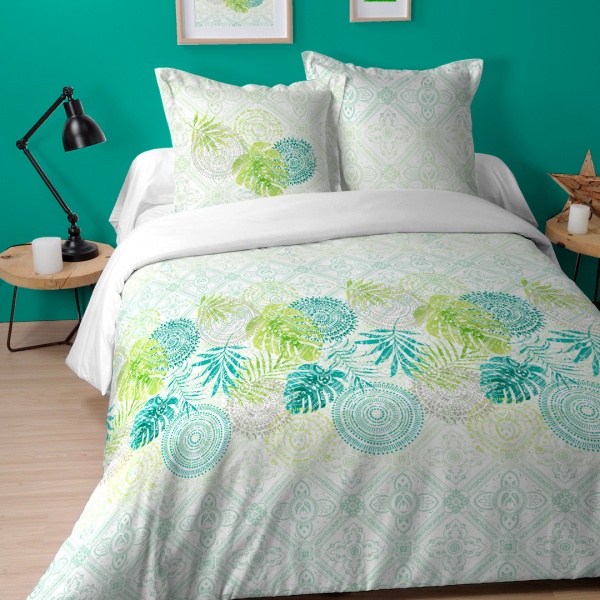 Parure Housse de Couette et 2 Taies Motif Tropicale Mandala Tampon ton Vert Blanc Parure Housse de Couette et 2 Taies Motif Tropicale Mandala Tampon ton Vert Blanc