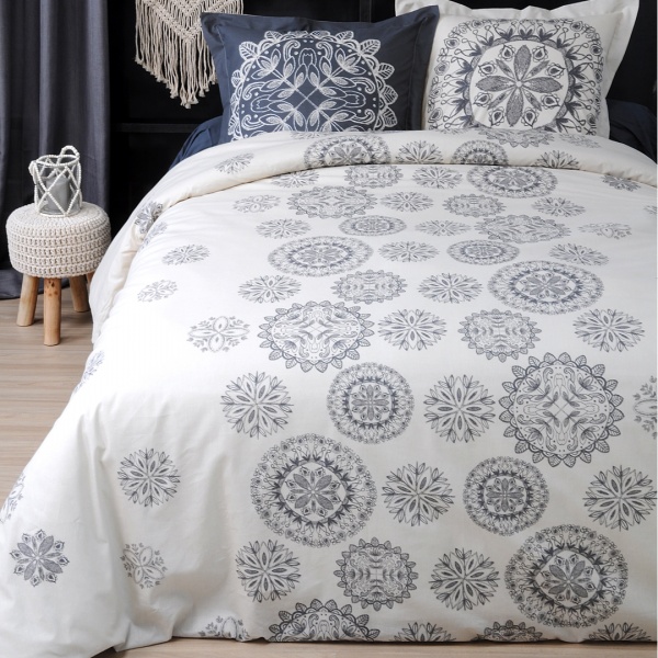 Parure Housse de Couette et 2 Taies Motif Tropicale Mandala Tampon ton Vert Blanc Parure Housse de Couette et 2 Taies Motif Tropicale Mandala Tampon ton Vert Blanc