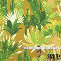Coton Crétonne imprimé Motif plante tropical et cactus Fond ocre