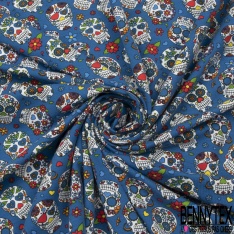 Jersey Coton Elasthanne Imprimé calavera fleuri Fond bleu roi matte