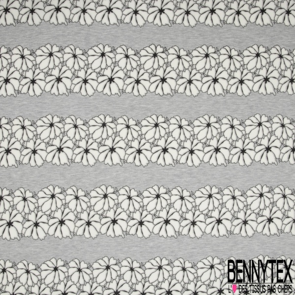 Néoprène Viscose Polyester Gris Chiné Fleur Tropicale Dévorée