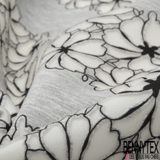 Néoprène Viscose Polyester Gris Chiné Fleur Tropicale Dévorée