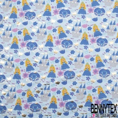 Jersey Coton Elasthanne Imprimé Princesse Carosse et Chateau Mylar Or fond Bleu