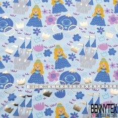 Jersey Coton Elasthanne Imprimé Princesse Carosse et Chateau Mylar Or fond Bleu