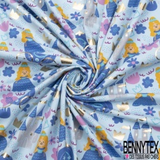 Jersey Coton Elasthanne Imprimé Princesse Carosse et Chateau Mylar Or fond Bleu