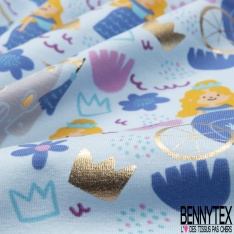 Jersey Coton Elasthanne Imprimé Princesse Carosse et Chateau Mylar Or fond Bleu