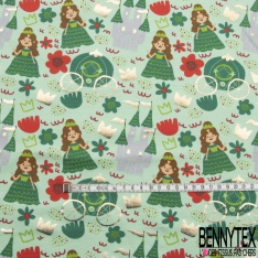 Jersey Coton Elasthanne Imprimé Princesse Carosse et Chateau Mylar Or fond Vert