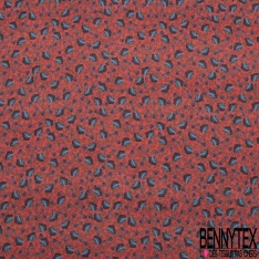 Crêpe Polyester Imprimé Fleur Cachemire Bleu fond Vermillon effet Texturé crépon