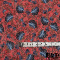 Crêpe Polyester Imprimé Fleur Cachemire Bleu fond Vermillon effet Texturé crépon