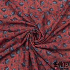 Crêpe Polyester Imprimé Fleur Cachemire Bleu fond Vermillon effet Texturé crépon