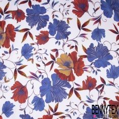 Satin de Coton Léger Imprimé Motif Floral ton Bleu Brique Moutarde Fond Blanc