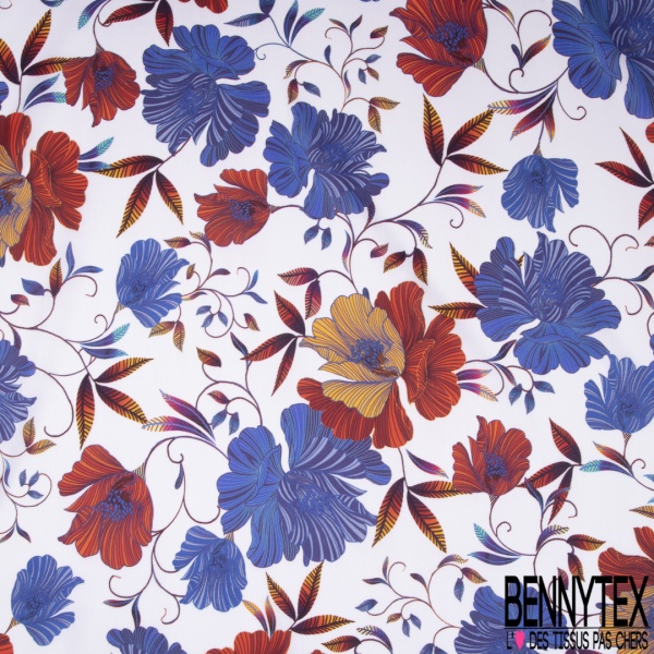 Satin de Coton Léger Imprimé Motif Floral ton Bleu Brique Moutarde Fond Blanc